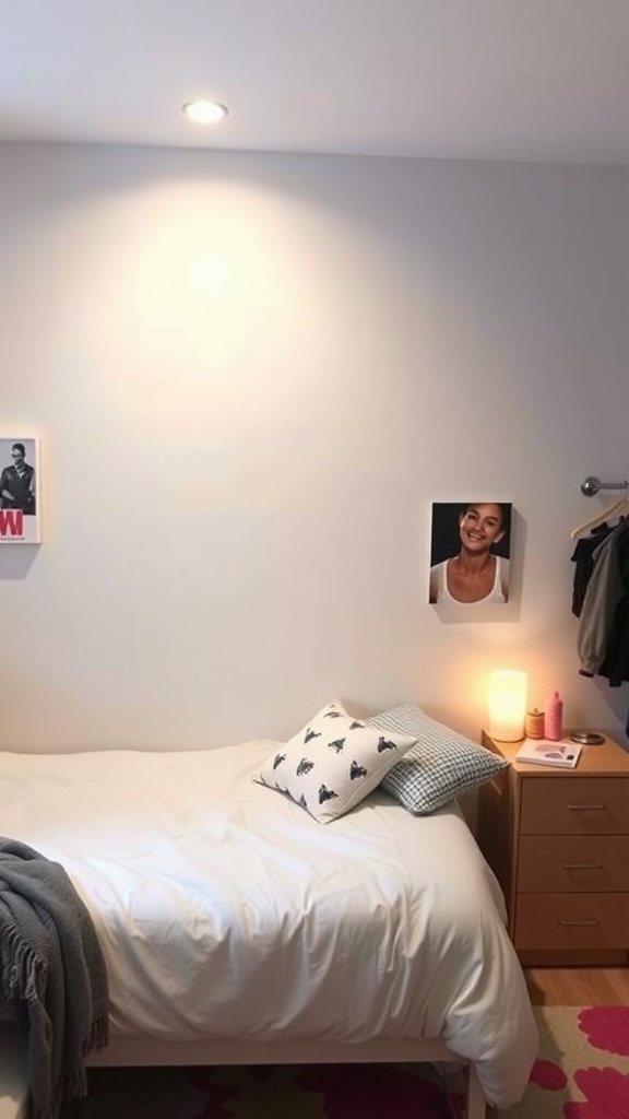 A cozy dorm room with a white accent wall, featuring framed photos and soft bedding.