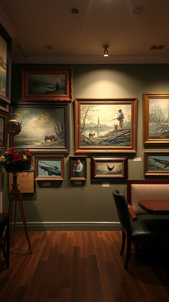 A collection of traditional framed artworks depicting outdoor scenes and hobbies.