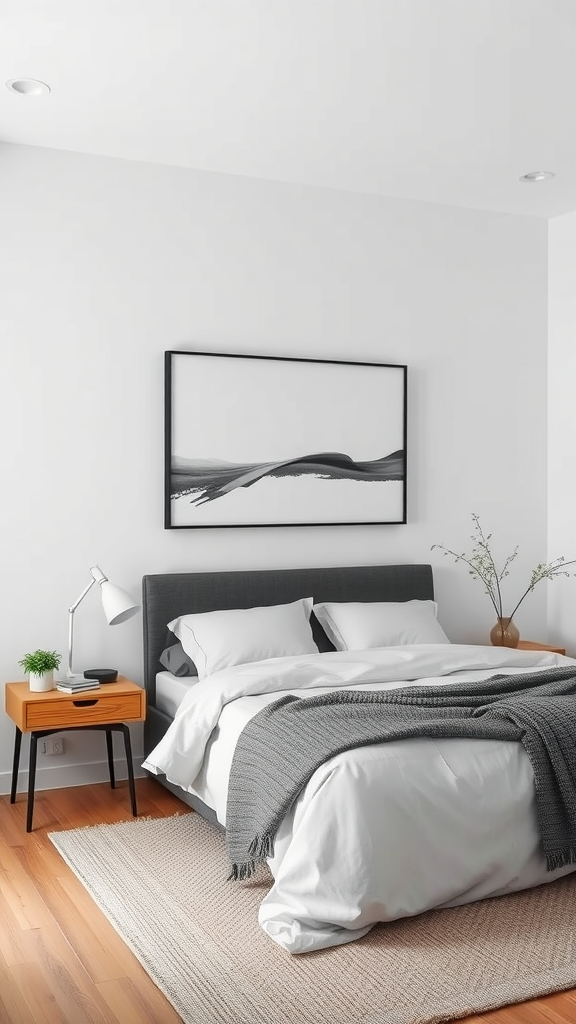 Minimalist bedroom with a black-and-white artwork above the bed.