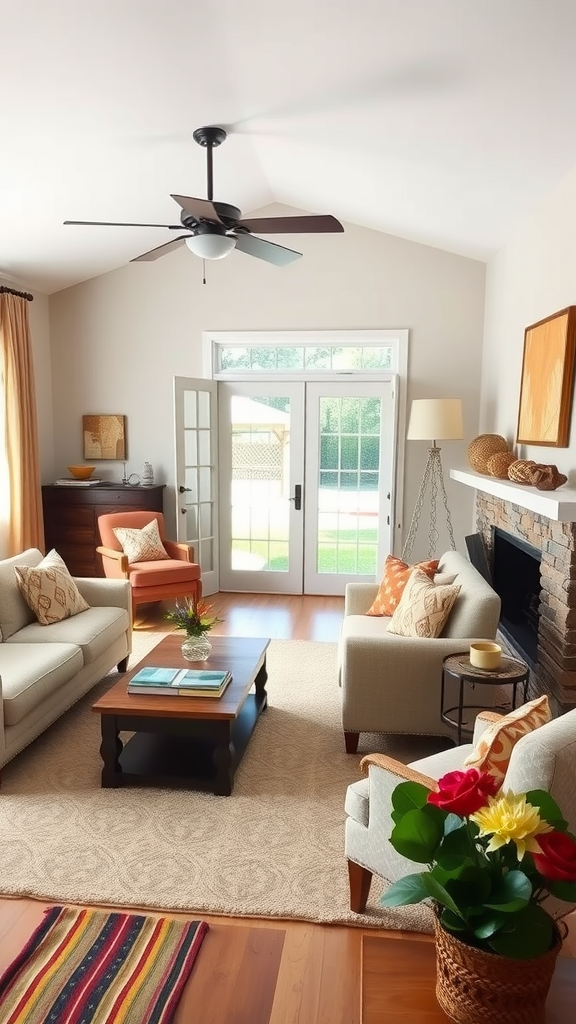 A spacious ranch-style living room featuring comfortable seating, a wooden coffee table, and natural light from large doors.