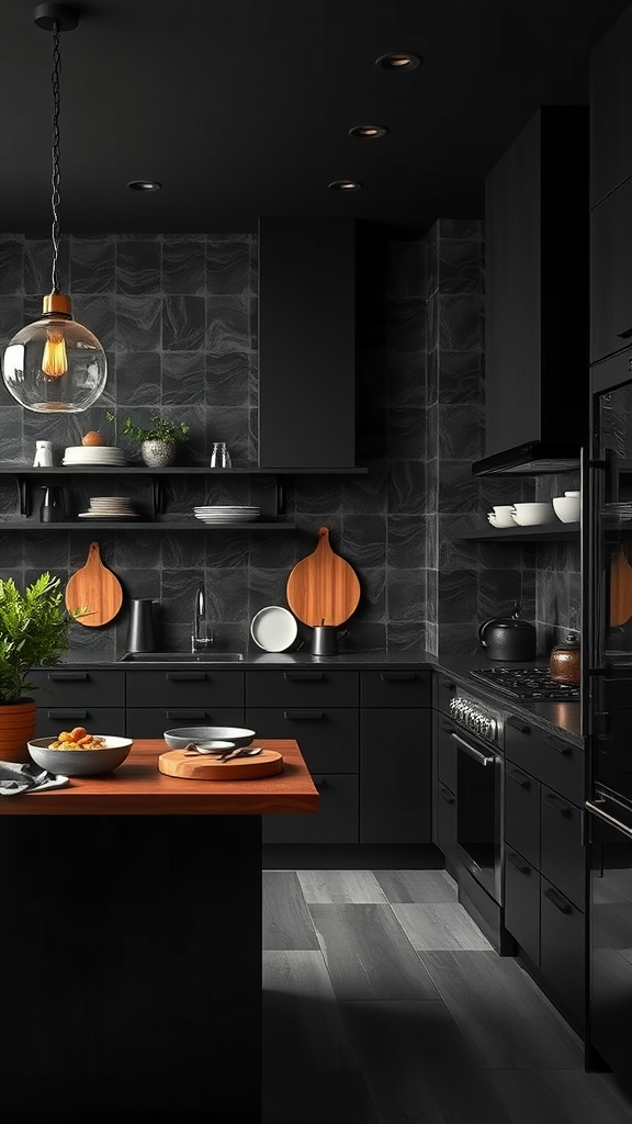 A modern dark kitchen with wooden accents and sleek appliances.