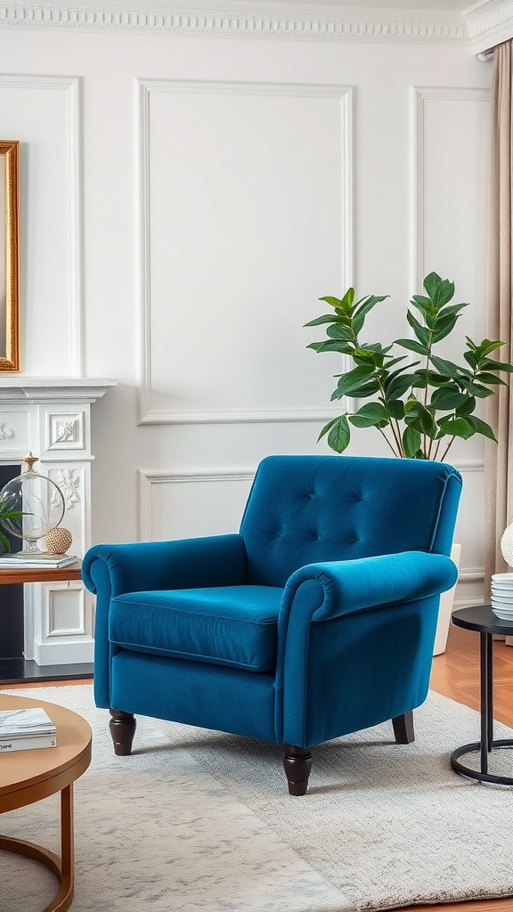 A blue velvet armchair in a stylish living room setting