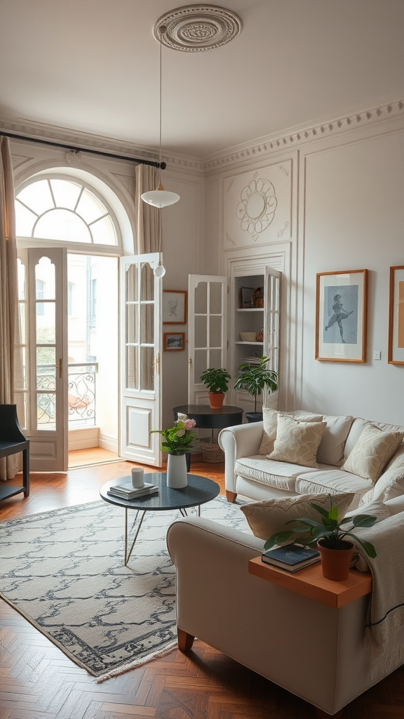 Bright Parisian living room with balcony access, featuring a cozy sofa and plants.