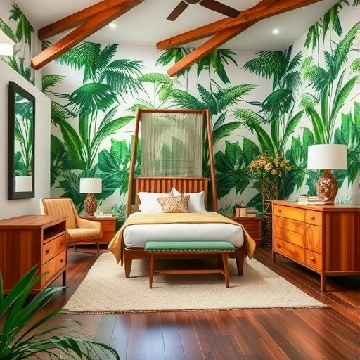 A cozy bedroom featuring bamboo furniture and tropical wall art