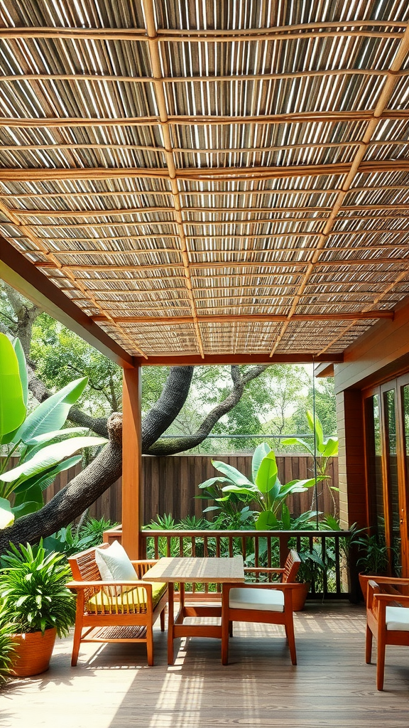 A bamboo roof covering a wooden patio with plants and chairs