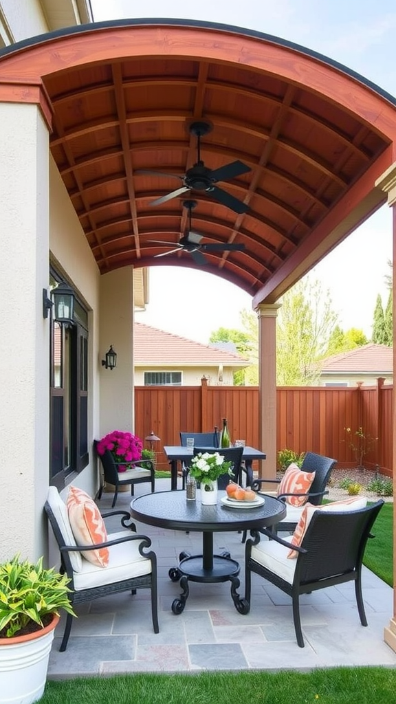 A cozy outdoor seating area with a barrel roof, featuring a round table and comfortable chairs surrounded by plants.