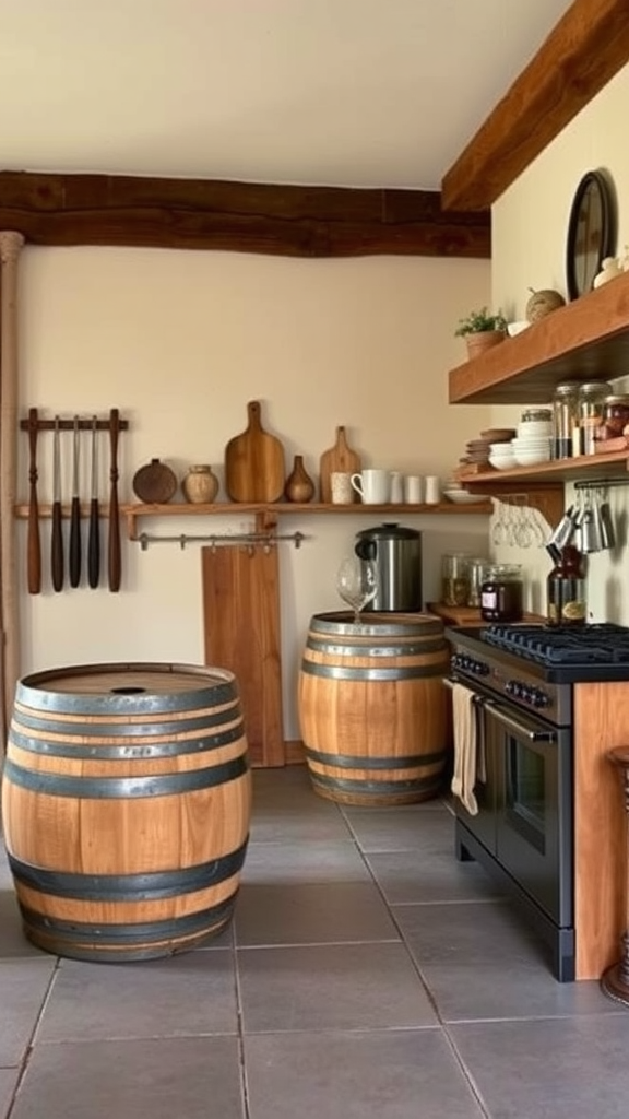 An old-world kitchen featuring wooden barrels as storage solutions.