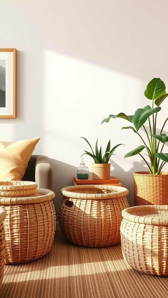 Cozy living room with woven baskets for storage