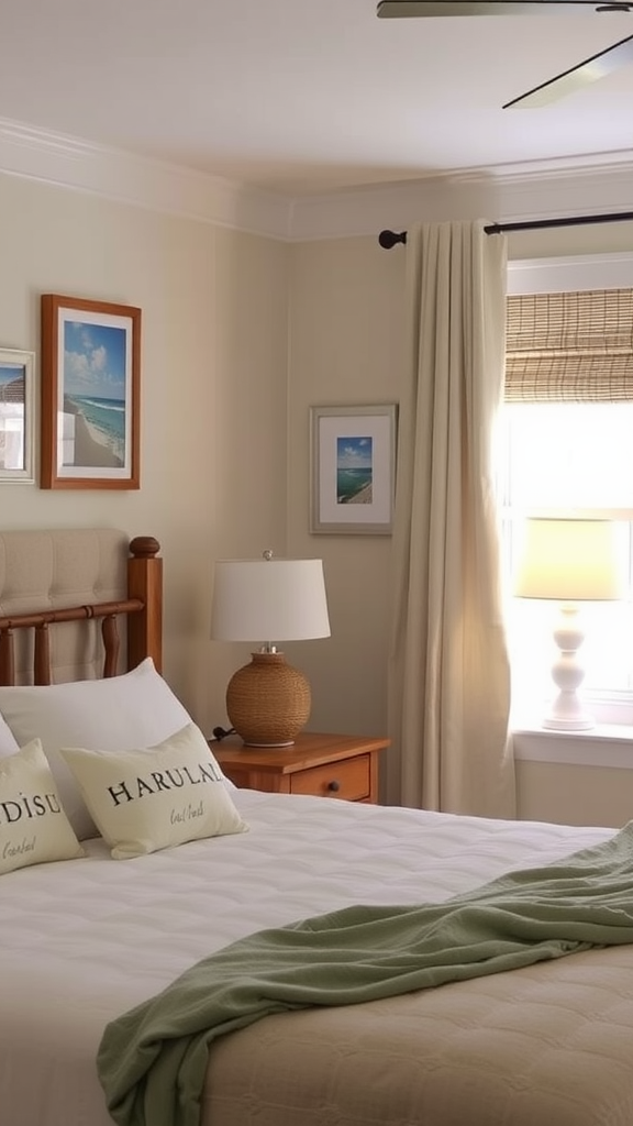 A cozy bedroom with beach-themed wall art and light decor.