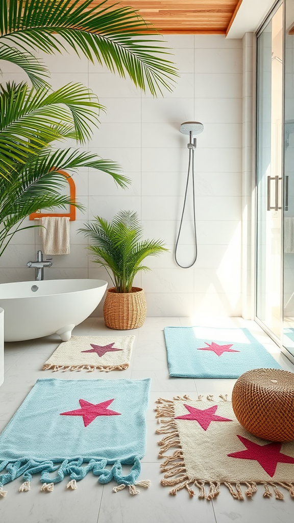 A bright and tropical bathroom featuring star-shaped rugs and lush green plants.