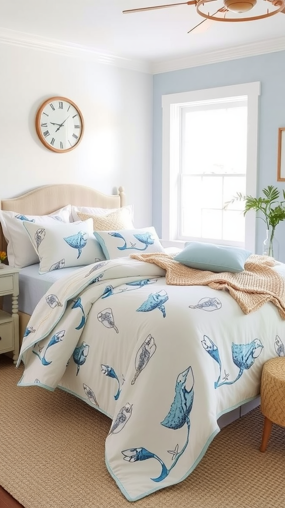 A cozy bedroom featuring beach-themed bedding with fish illustrations.