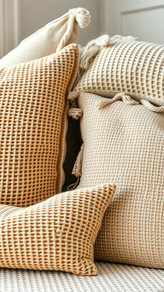 A collection of textured pillows in warm tones, featuring different patterns and styles.