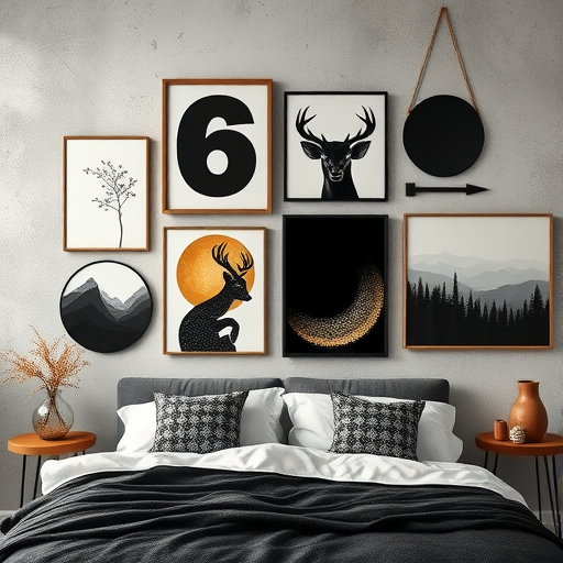 A collection of black and earthy toned wall art featuring deer, mountains, and abstract designs on a textured wall.