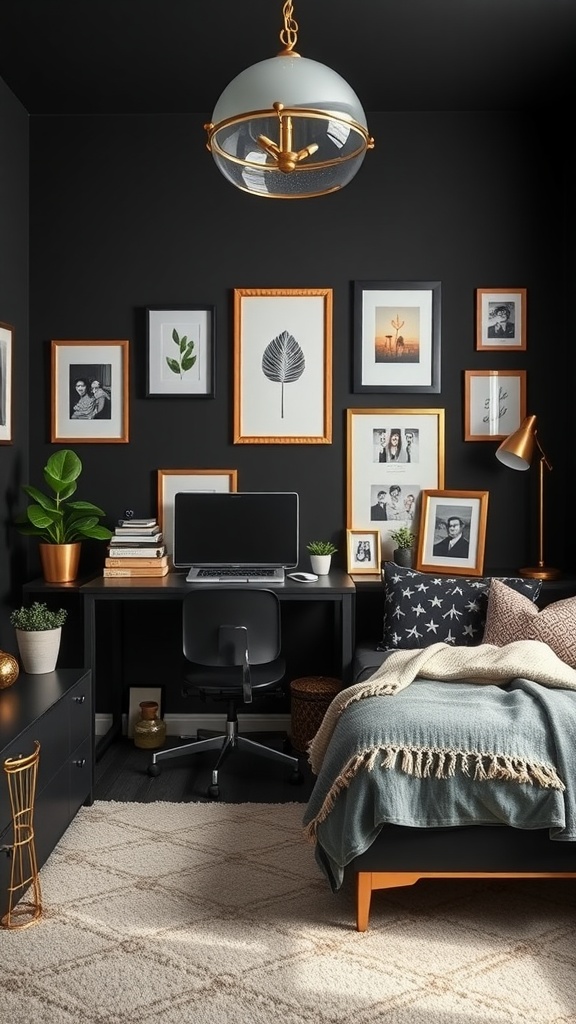 Aesthetic black dorm room decorated with gold accents, including picture frames and a lamp.