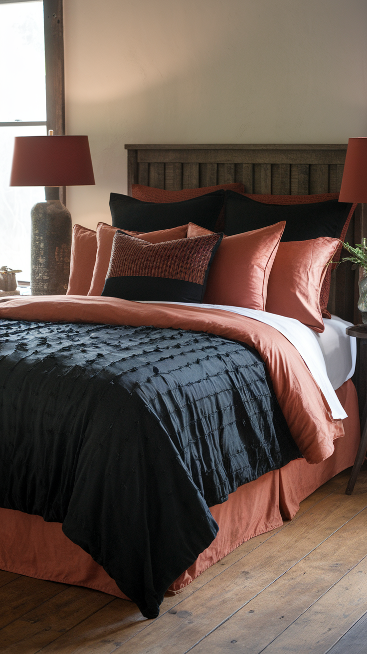 Stylish black and rust bedding setup with pillows and a rustic wooden headboard.