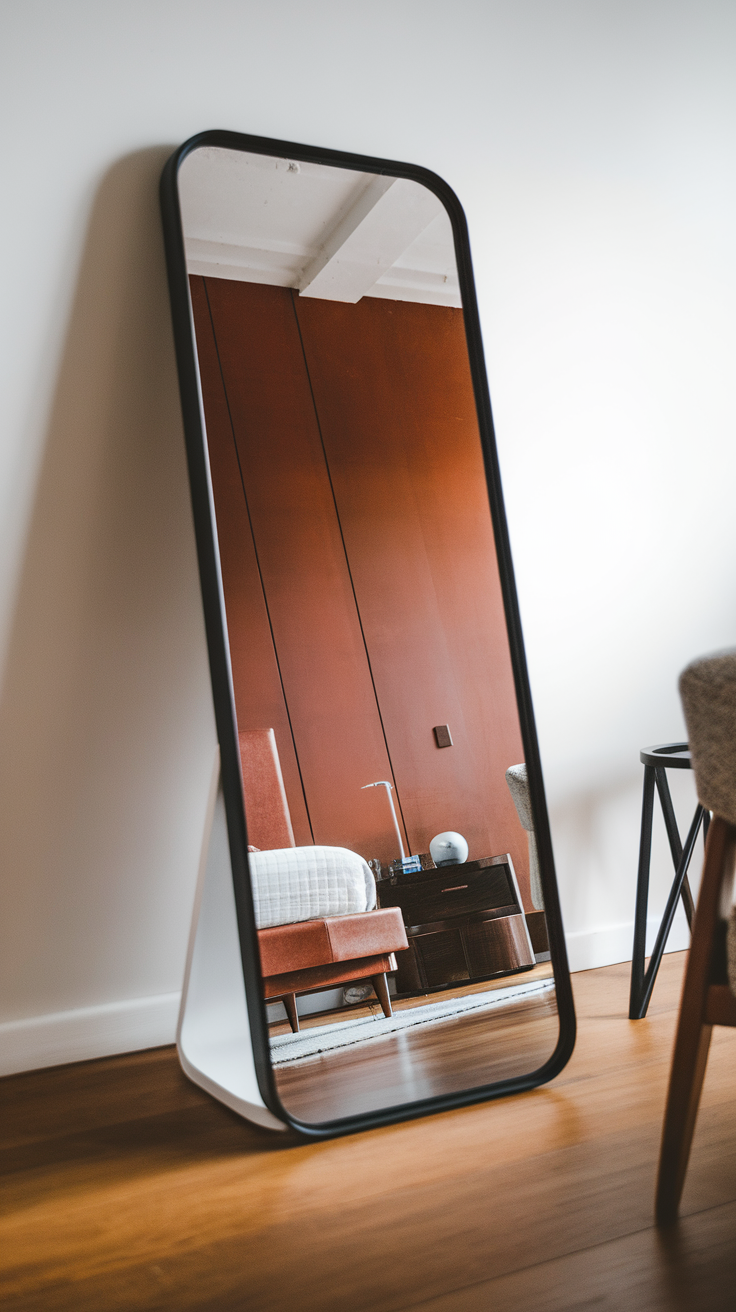 A tall black framed mirror reflecting a stylish bedroom with rust-colored walls and modern furnishings.