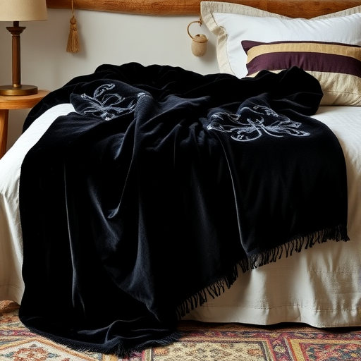 A luxurious black velvet throw blanket draped over a bed with decorative pillows.