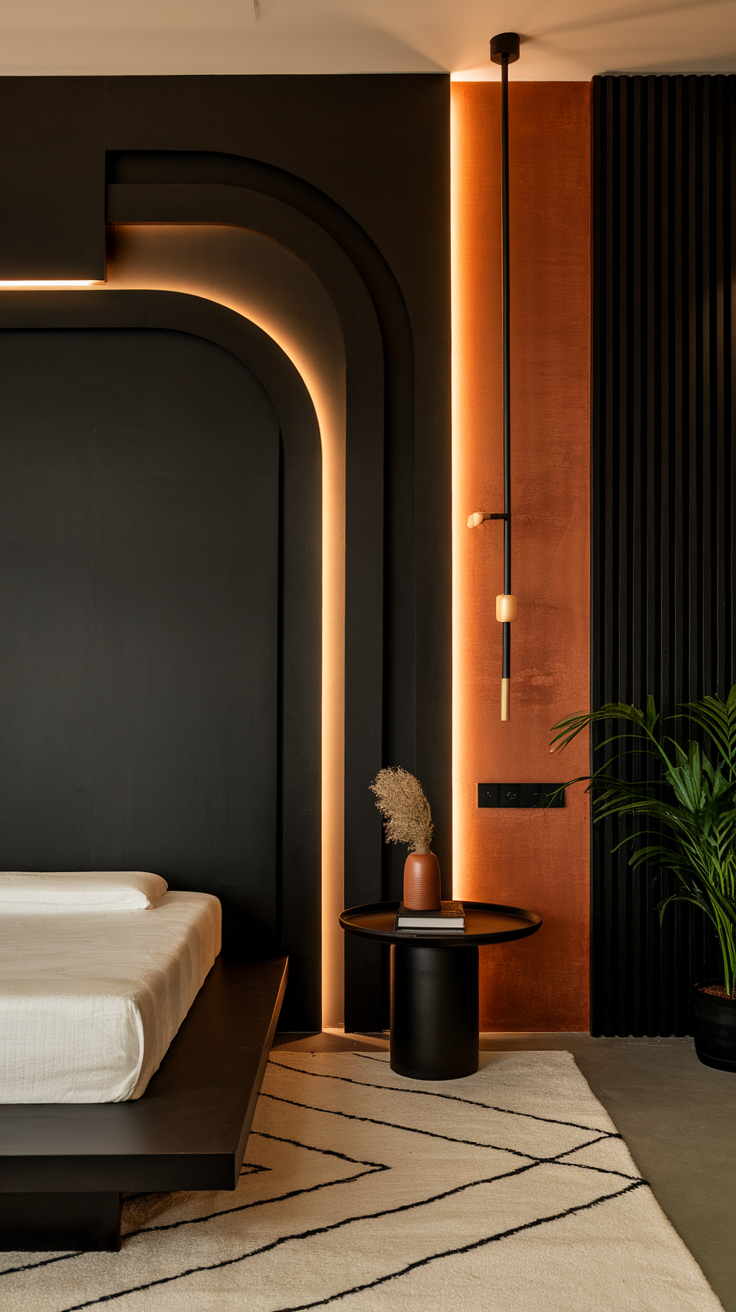 A modern bedroom featuring black wall panels and accents of rust.