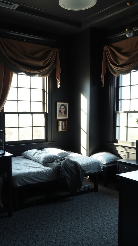 Aesthetic black dorm room with dark window treatments and stylish decor.