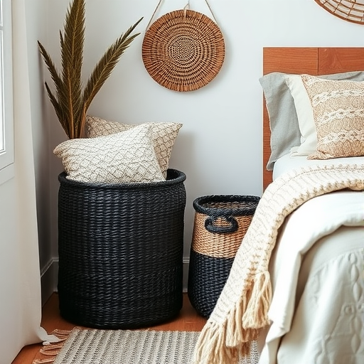 A cozy room featuring black woven baskets for storage, with pillows and decorative elements.