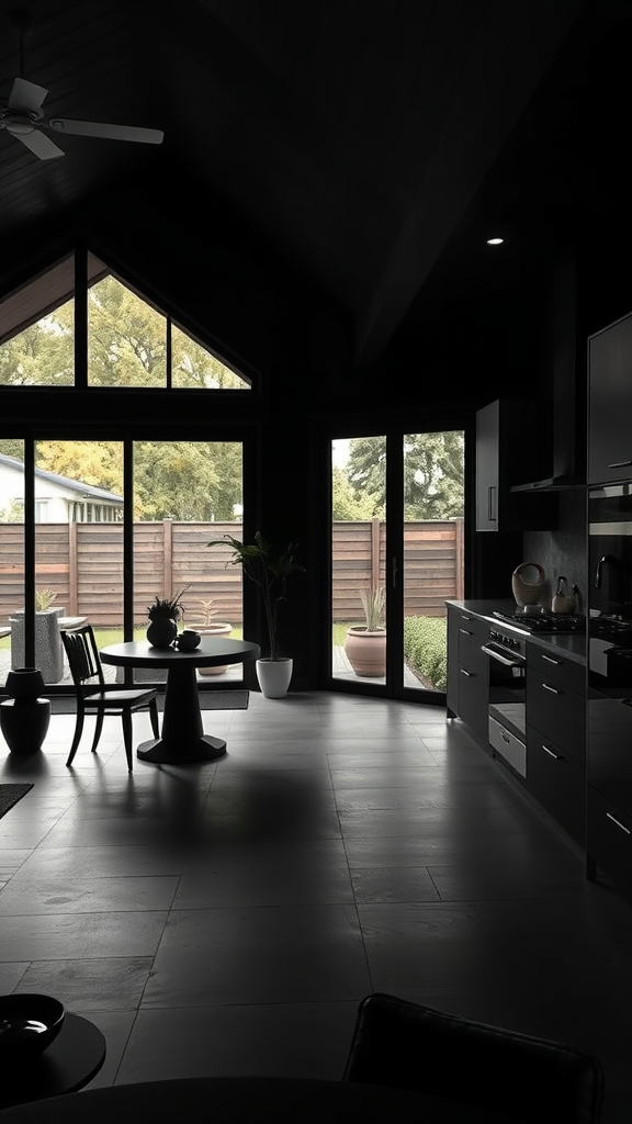 Dark kitchen with large windows overlooking a garden.