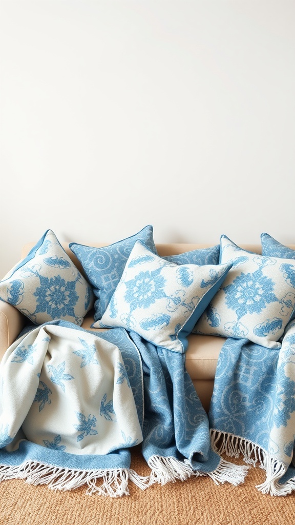 A cozy living room sofa with blue and white decorative pillows and throws.