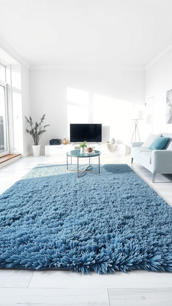 A spacious living room with a large, fluffy blue rug, bright white walls, and modern furniture.