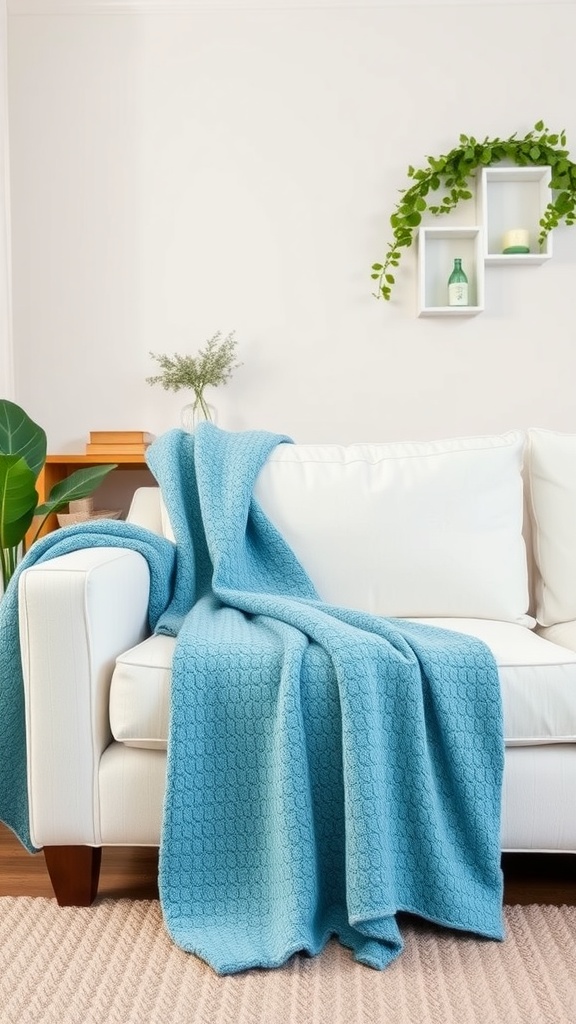 A cozy blue throw blanket draped over a white sofa in a bright living room.