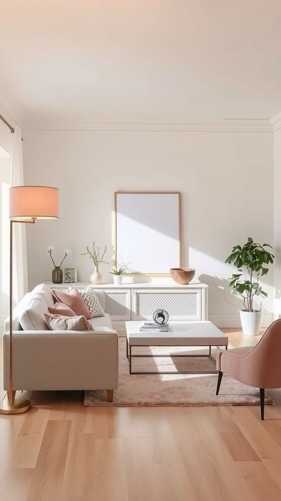 A blush pink floor lamp in a bright and airy living room with pastel decor.