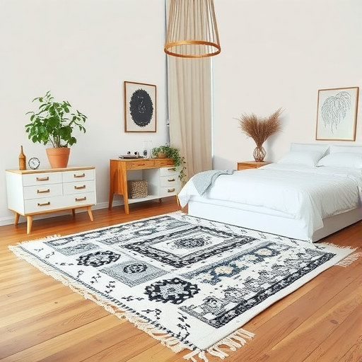 A bohemian-inspired black and white rug in a stylish bedroom setting.