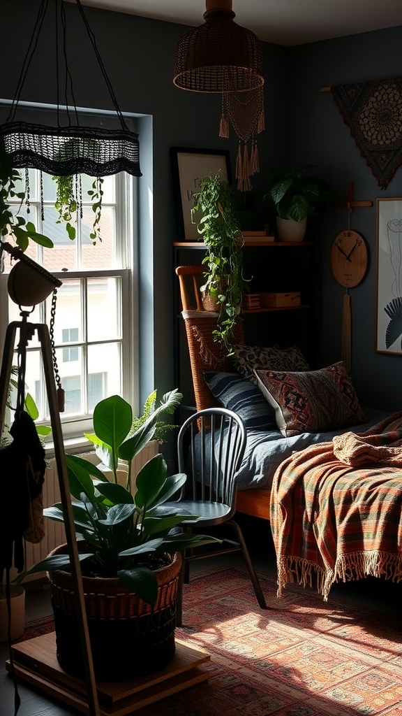 Aesthetic black dorm room with bohemian decor, featuring plants and warm textiles.