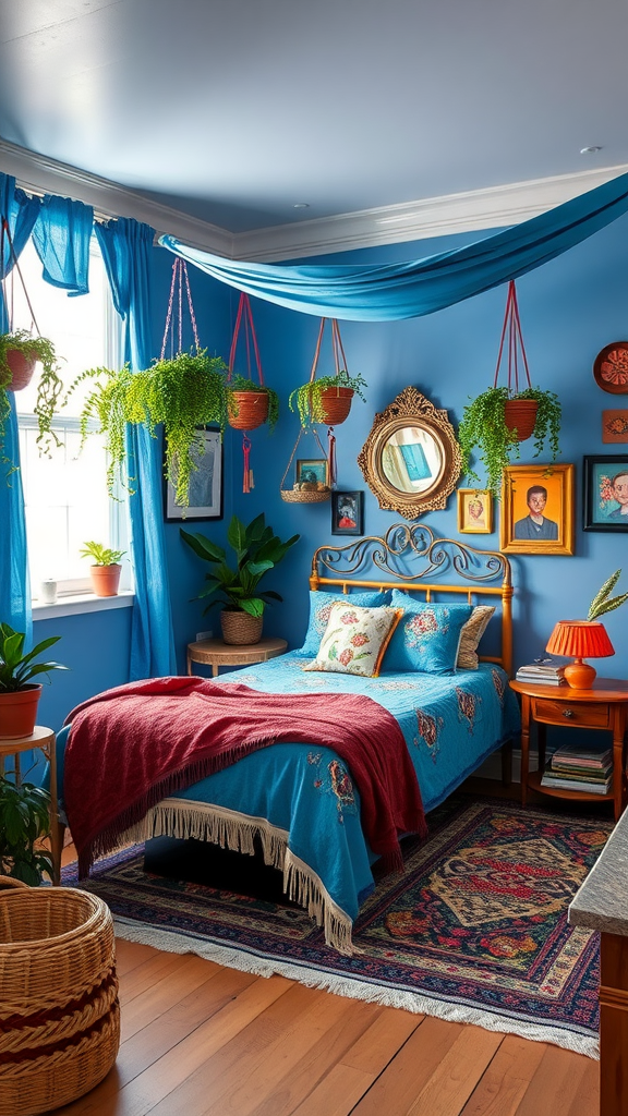 A cozy room featuring blue textiles, plants, and a warm atmosphere.