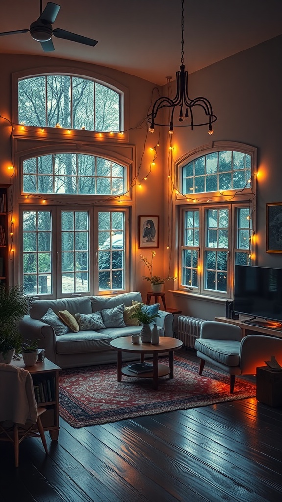 A cozy rustic boho living room with fairy lights adorning the windows and ceiling.