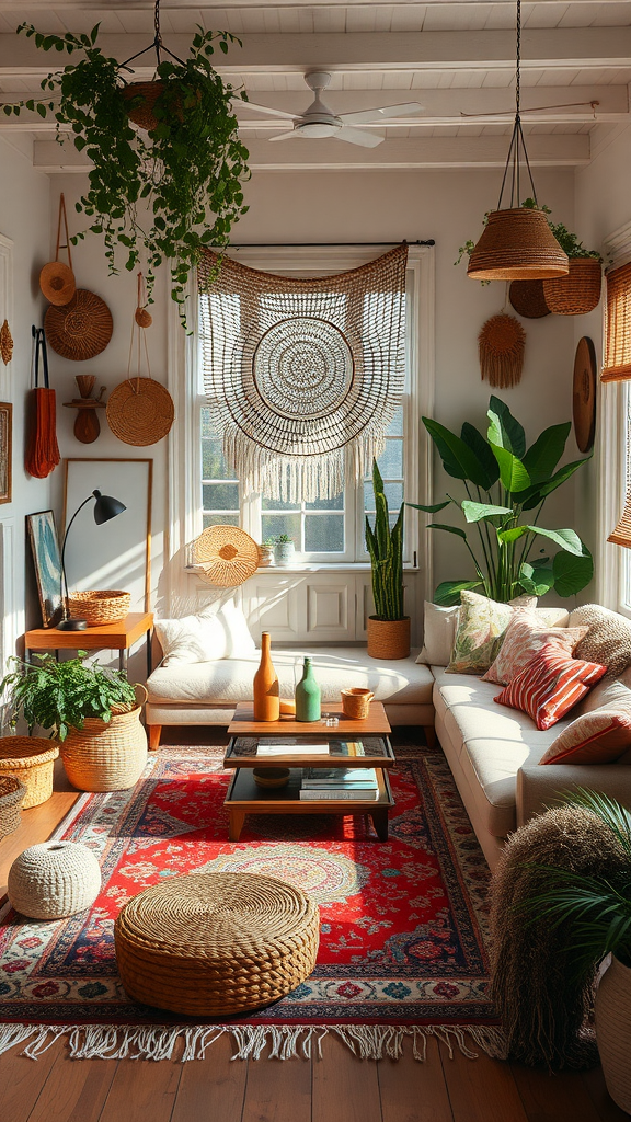 Cozy eclectic living room with bohemian style accents, featuring woven wall hangings, plants, and a colorful rug.