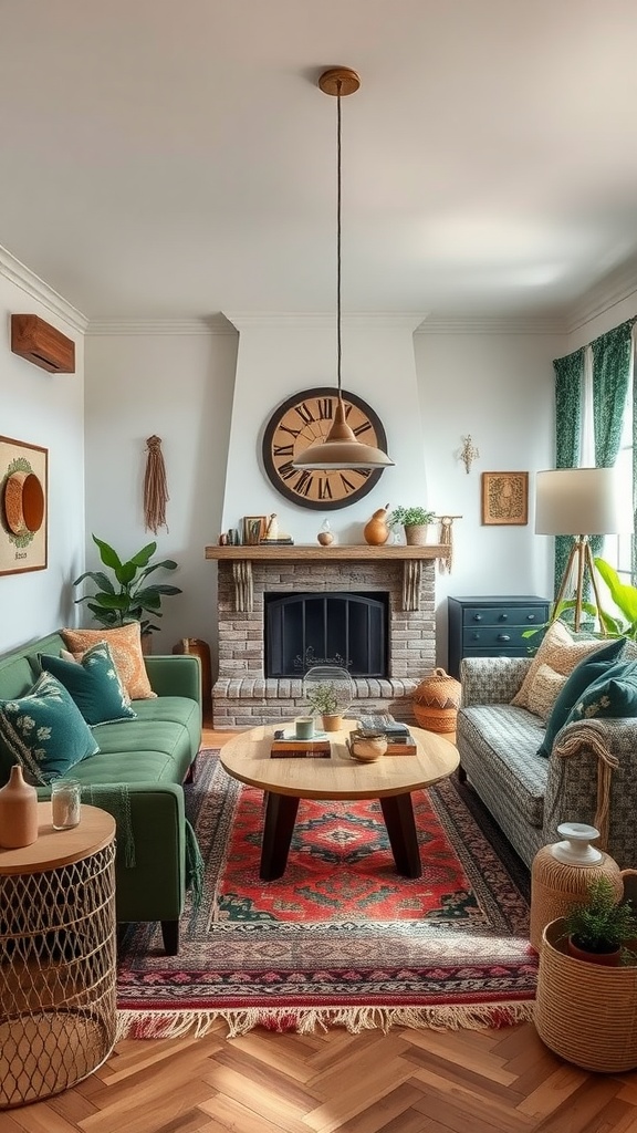 A cozy bohemian living room with green decor elements, featuring a fireplace and plants.