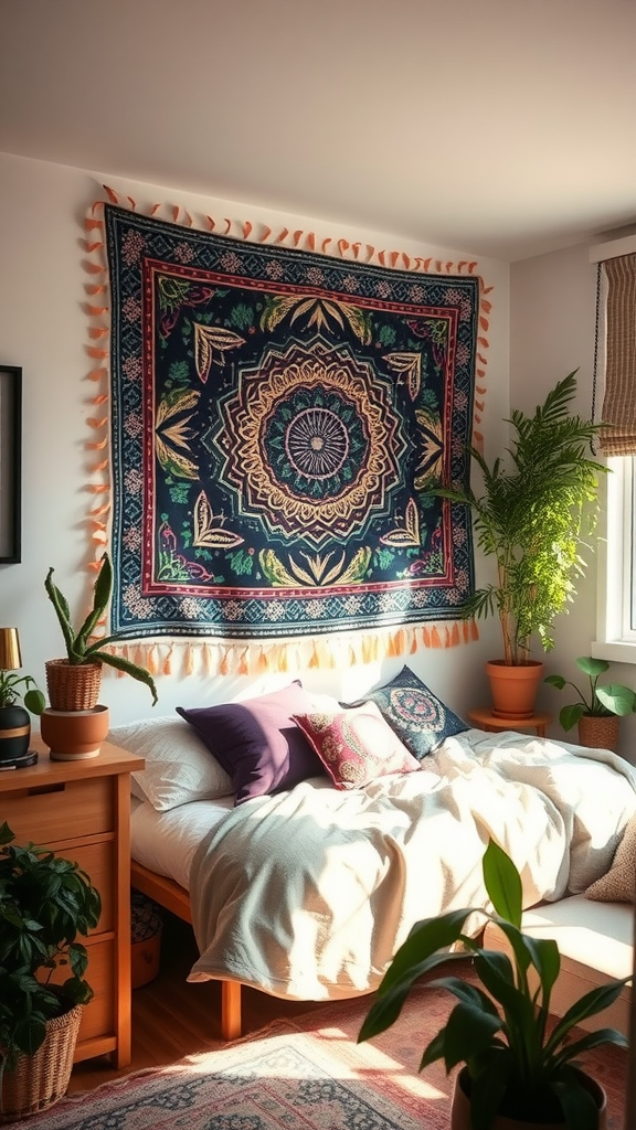 Aesthetic dorm room with a large tapestry on the wall and plants around the bed.