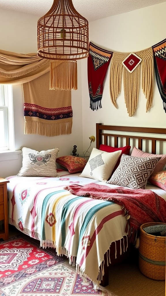 A cozy bedroom featuring bohemian textiles, including a colorful blanket, decorative pillows, and woven wall hangings.