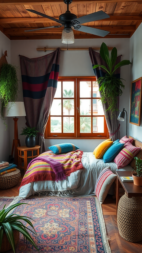 Aesthetic men's bedroom featuring layered textures with colorful blankets, pillows, and plants.