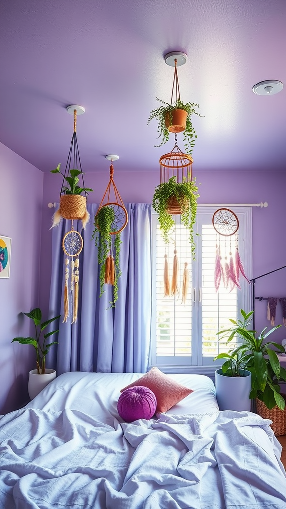 A cozy bedroom featuring boho-inspired ceiling decor with hanging plants and dream catchers.