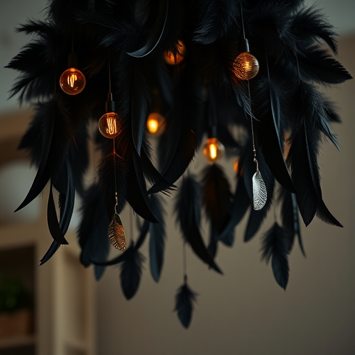 Chandelier made of black feathers with warm hanging lights.