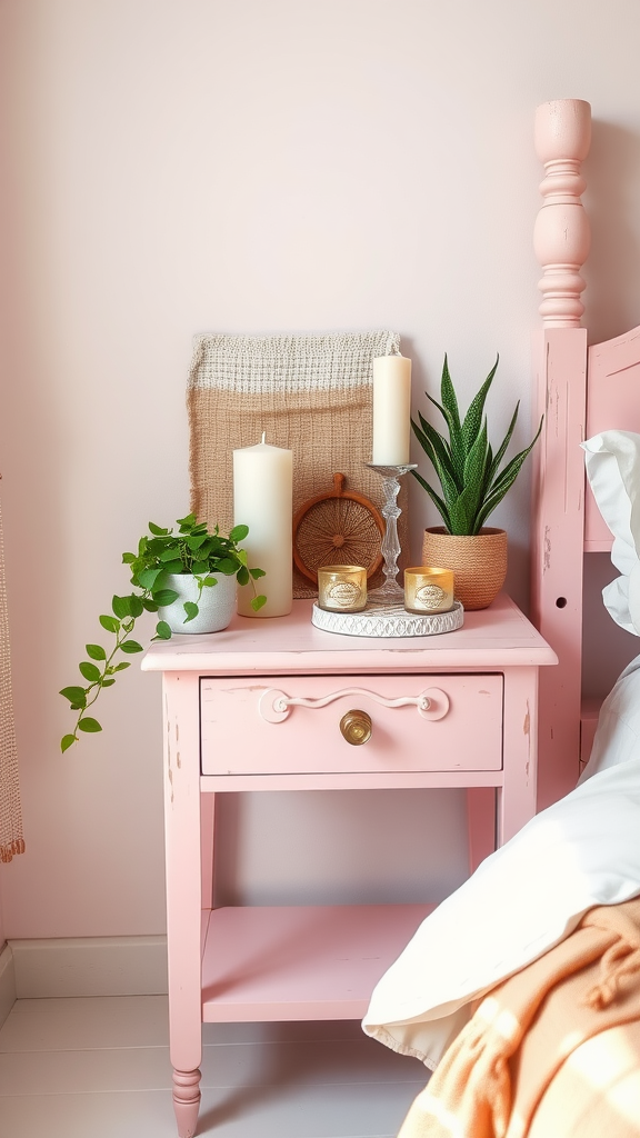 A boho chic bedside table with a pink finish, candles, and plants.