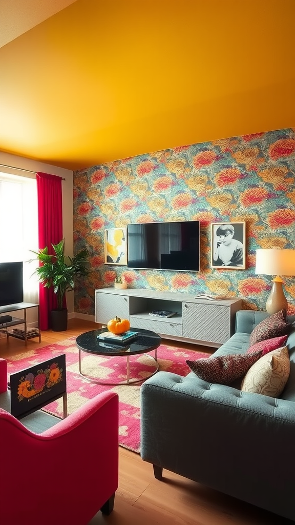 A vibrant living room featuring a colorful accent wall, bright furniture, and lively decor.