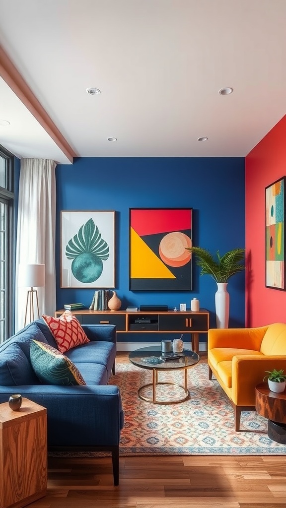 A colorful living room with blue and red accent walls, featuring modern furniture and vibrant artwork.