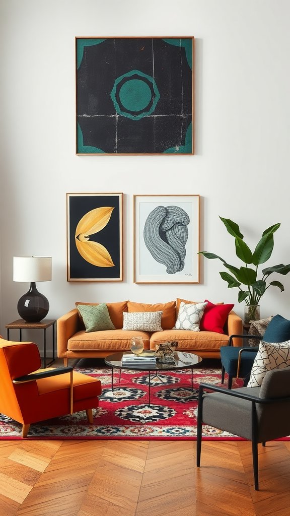 A vibrant living room featuring colorful furniture and striking artwork.