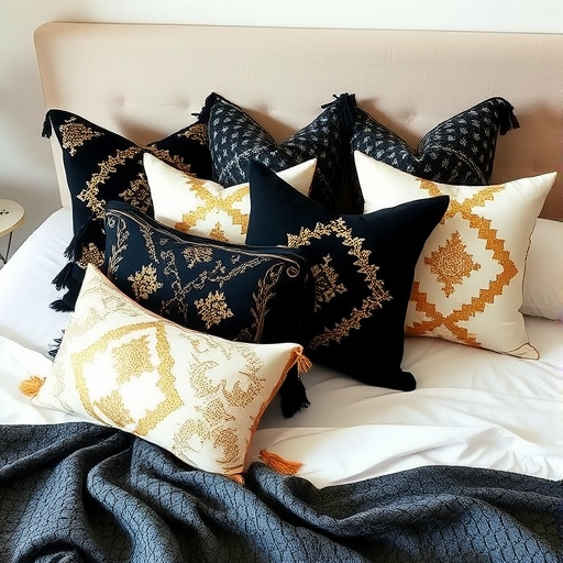 A collection of black and gold accent pillows arranged on a bed.