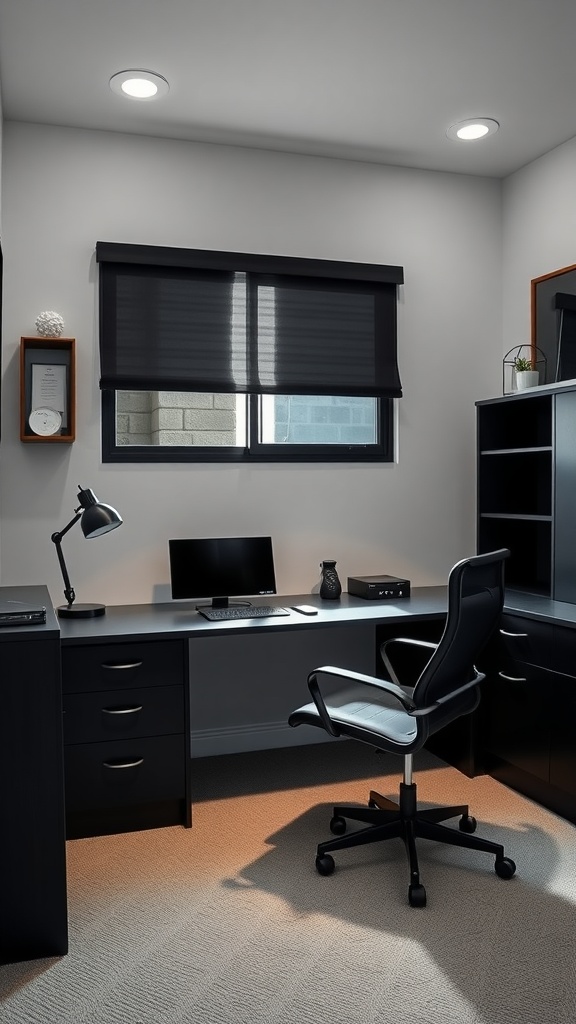 Aesthetic black dorm room with a desk, chair, and modern decor