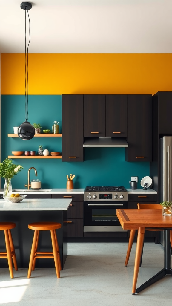 A modern kitchen featuring espresso cabinets with a teal and yellow color scheme.