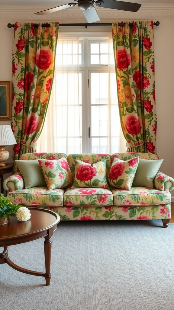 A living room featuring a floral patterned sofa and curtains, embodying classic southern home decor.