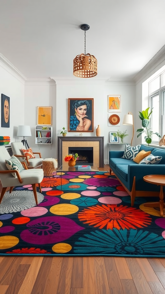 A vibrant living room featuring a colorful statement rug with floral patterns and bold colors, complemented by eclectic decor.