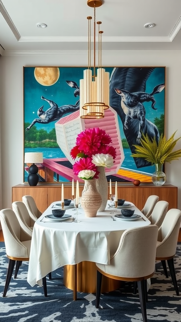 A dining area featuring oversized art on the wall, a round table with a floral centerpiece, and elegant chairs.